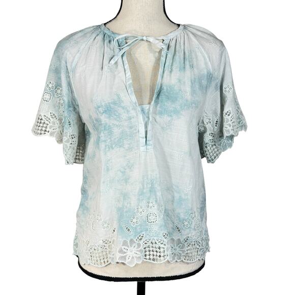 Anthropologie X-Small Top Tie-Dye Floral Embroidered Keyhole V-Neck Eyelet Lace - Picture 1 of 12